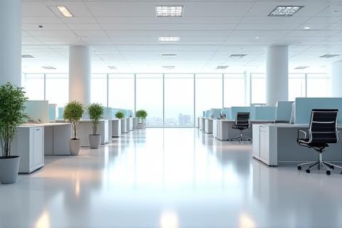 Foto van een smetteloos schoon kantoor met opgeruimde bureaus en glimmende vloeren